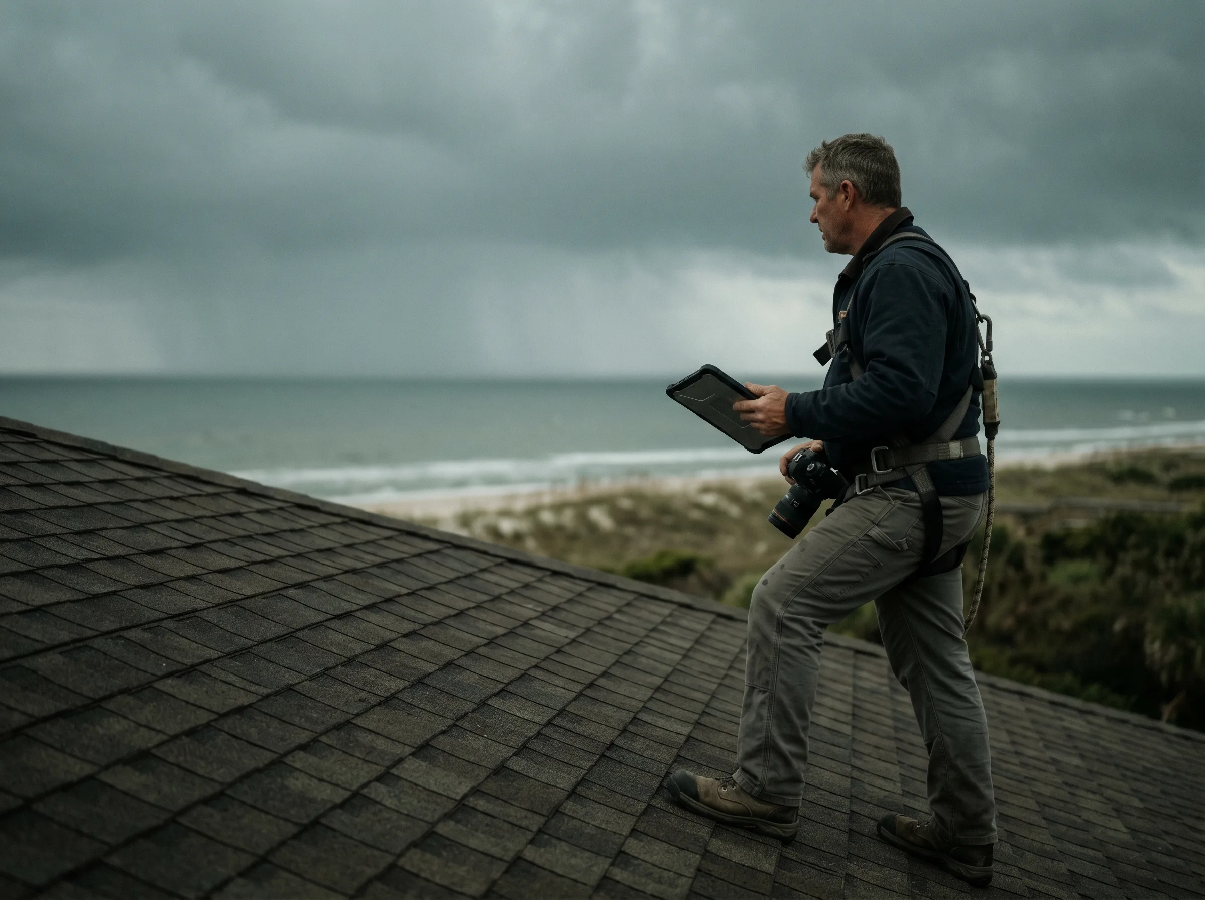 Roofer documenting roof condition with dated photos, sample