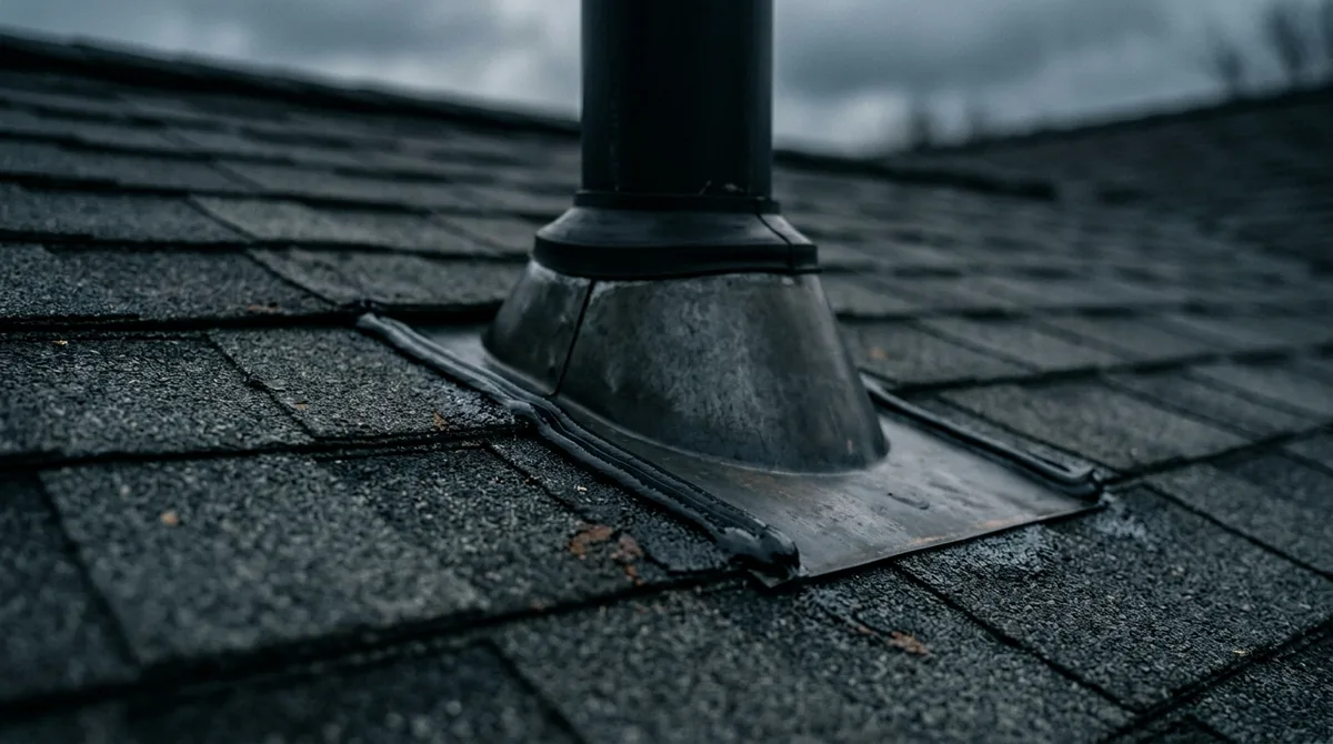 Close inspection of a roof penetration and flashing, sample