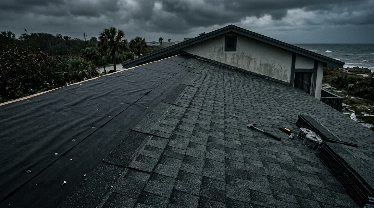 New overlay roofing system being installed, sample