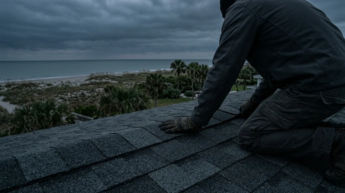 Roofer inspecting shingles with documentation, sample