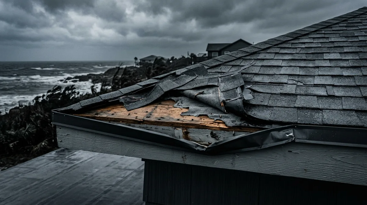 Storm-damaged roof edge under repair, sample